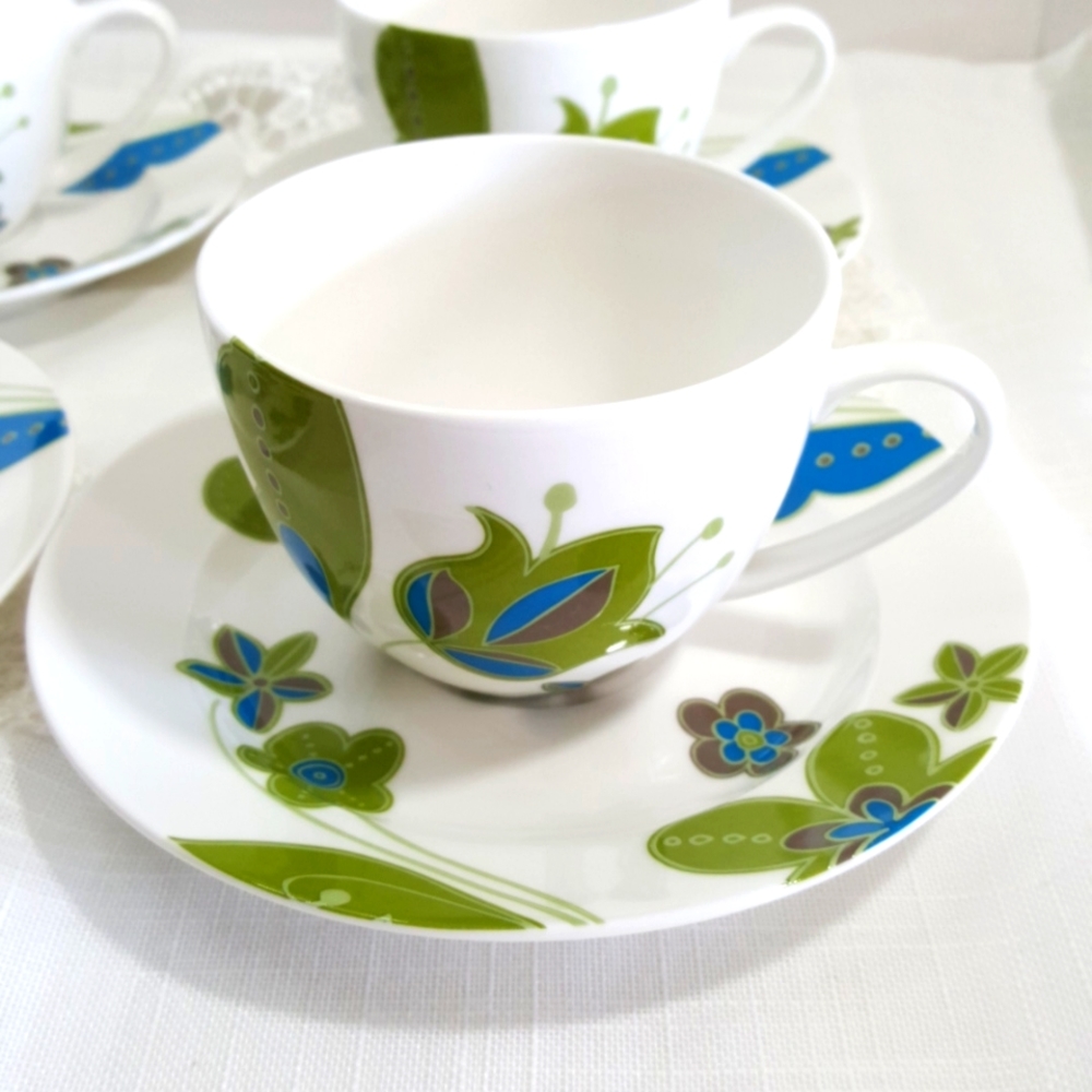 Pair Teacup Saucer Retired Stokes Floral AQUA GARDEN, Green & White, Set of 2